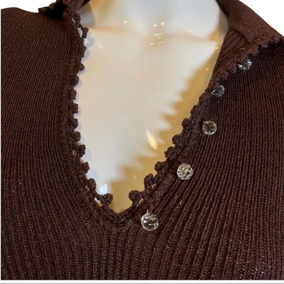 Vintage 60s Goldworm Knit Ribbed Crochet MIDI Chocolate Brown Sweater Dress XS - Picture 16 of 17